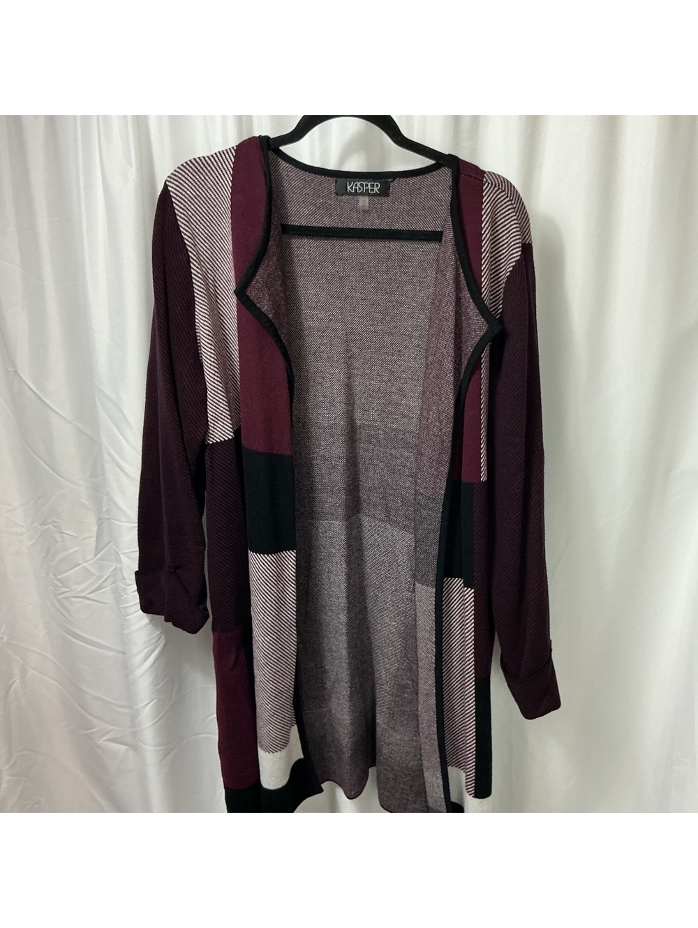 Kasper 1X Burgundy Colorblock Open Front Long Sleeve Cardigan Plus Size
